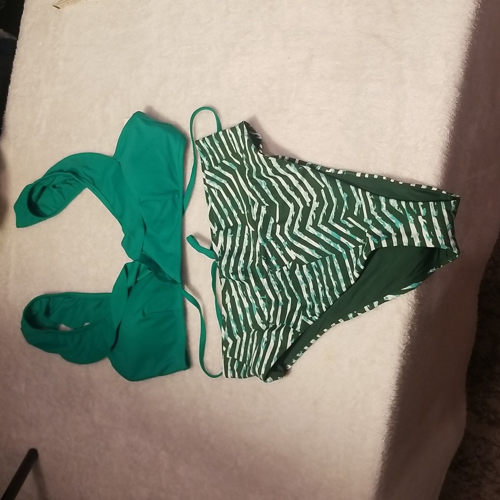 aerie Bikini Womens XL Green White Scoop Wrap Ruffle top High Cut Cheeky NWT‎
